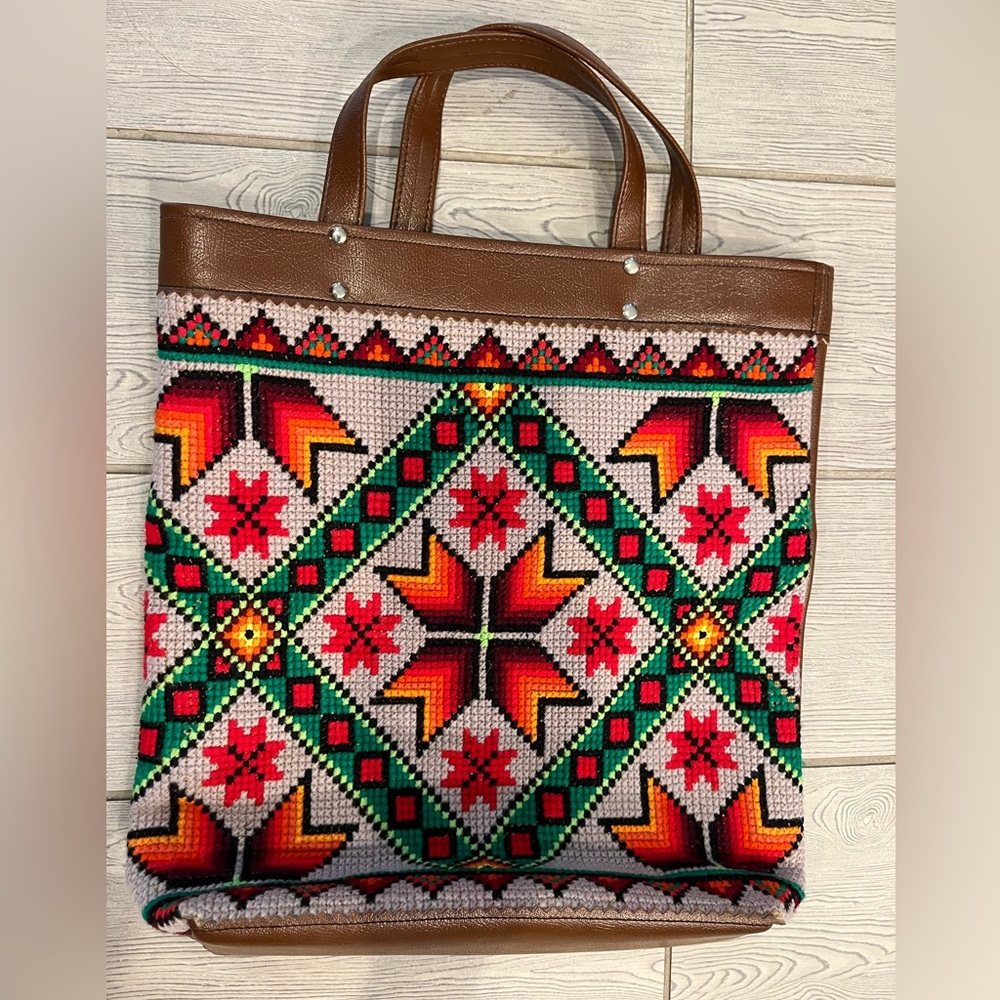 Colorful Geometric Cross-stitch Aztec Patterned Tote Bag with Brown Accents - Picture 1 of 14